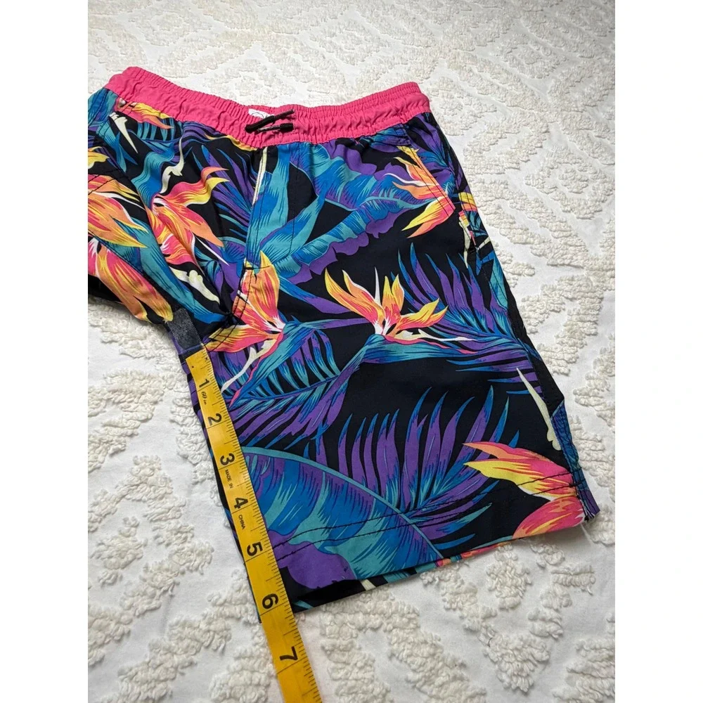 Blue Crown Tropical Bird of Paradise Swim Trunks Pink Black M Kids Beach Surf - Picture 10 of 14